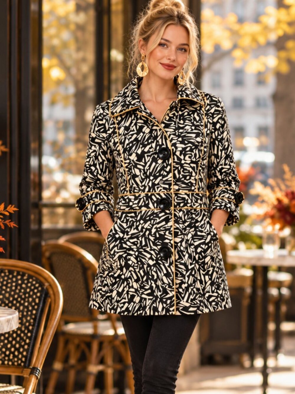 Sharon Young Graphic Print Jacket Size 8 Black Cream Gold Trim
